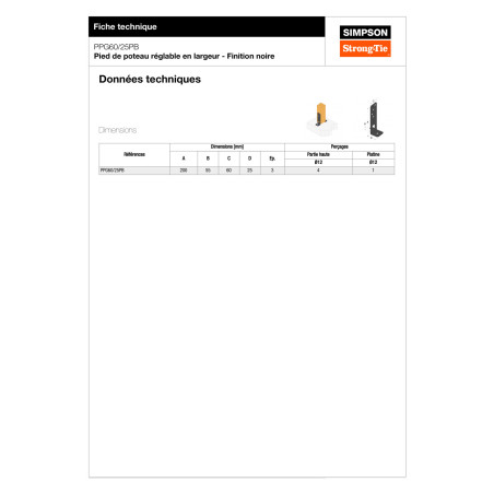 1 x Pied de poteau réglable SIMPSON Strong Tie 200X55 RAL9005 noir foncé