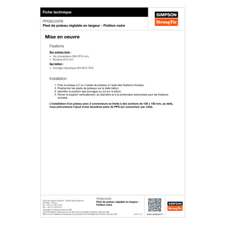 1 x Pied de poteau réglable SIMPSON Strong Tie 200X55 RAL9005 noir foncé