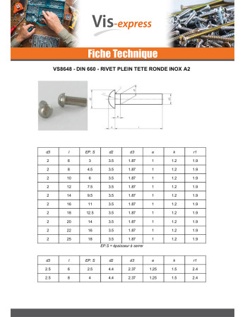 Rivet à frapper Tête ronde TR Inox A2 4X18
