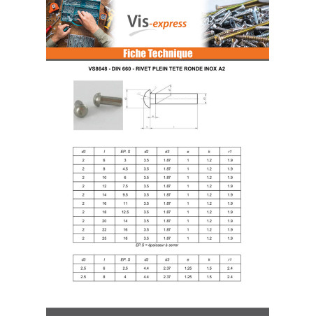 1 x Rivet à frapper Tête ronde TR Inox A2 4X18