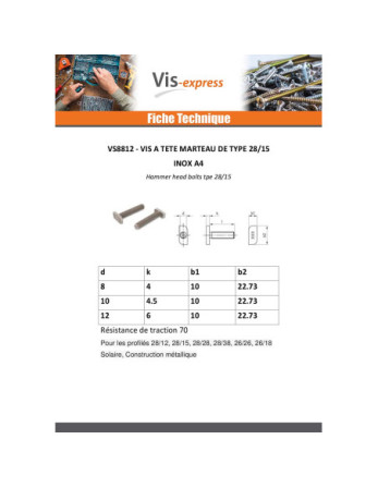 Vis métaux Tête marteau 10X10X4.5 M10X20 Inox A4 pour profilés 28/15