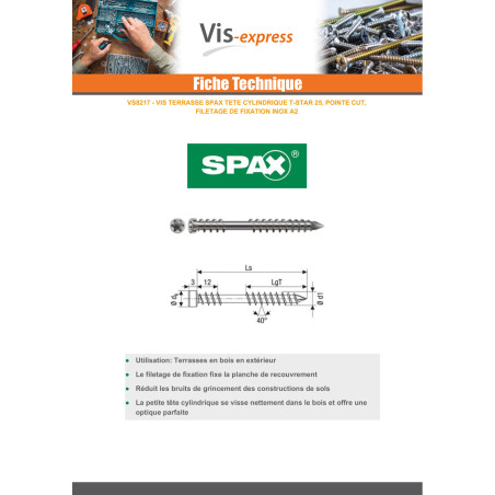 1 x Spax Vis terrasse Tête cylindrique TC TORX T25 5X80 Inox A2
