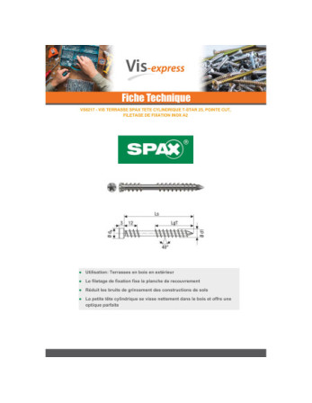 Spax Vis terrasse Tête cylindrique TC TORX T25 5X40 Inox A2