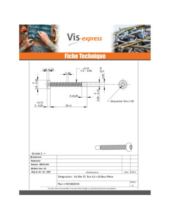 Vis tôle tête cylindrique bombée large 4.2X35 Inox A2 TORX T20 Bout pilote