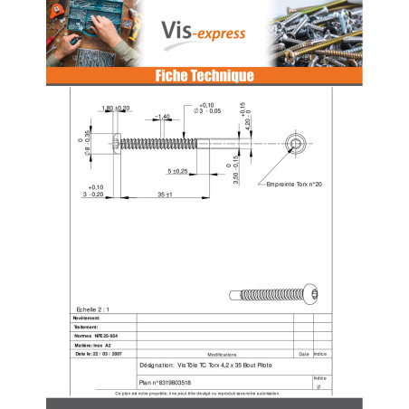 1 x Vis tôle tête cylindrique bombée large 4.2X35 Inox A2 TORX T20 Bout pilote