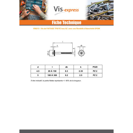 1 x Vis faitage Tête fraisée bombée TFB Pozi Inox A2 Rondelle d'étanchéite EPDM 4.5X35