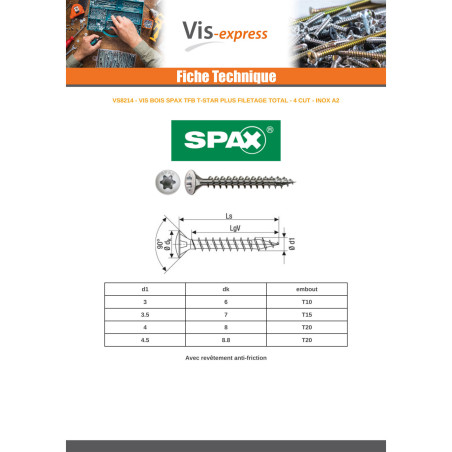 1 x Spax Vis bois Tête fraisée bombée TFB T-STAR TORX T15 3.5X20 Filetage total Inox A2