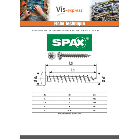 1 x Spax Vis bois Tête ronde TR T-STAR+ TORX T15 Filetage total 3.5X30 Inox A2
