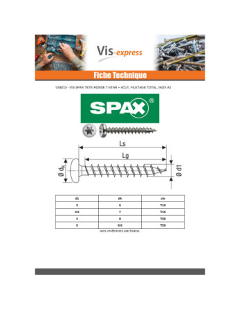 Spax Vis bois Tête ronde TR T-STAR+ TORX T10 Filetage total 3X30 Inox A2 microvis