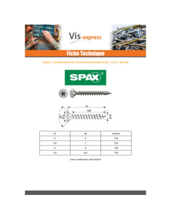 Spax Vis bois Tête fraisée bombée TFB T-STAR TORX T10 3X25 Filetage total Inox A2 microvis