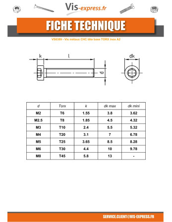 Vis métaux Tête cylindrique TC Basse T6 M2X4 Filetage total Inox A2 microvis