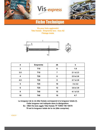 VBA Vis bois agglo Tête fraisée TORX T20 4.5X25 Filetage total Inox A2