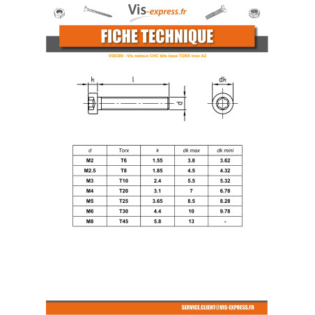 1 x Vis métaux Tête cylindrique TC Basse TORX T10 M3X20 Filetage total Inox A2 microvis