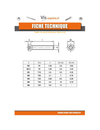 Vis métaux Tête cylindrique TC Basse TORX T45 M8X25 Filetage total Inox A2