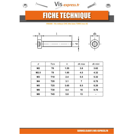 1 x Vis métaux Tête cylindrique TC Basse T6 M2X8 Filetage total Inox A2 microvis