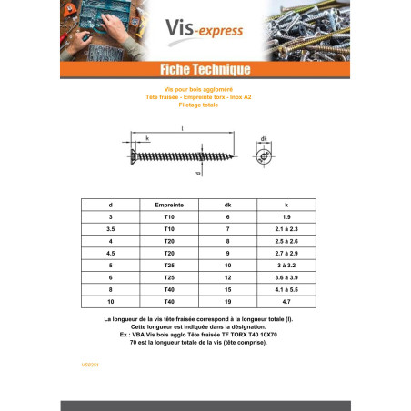 1 x VBA Vis bois agglo Tête fraisée TORX T25 6X100 Filetage total Inox A2