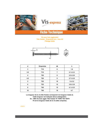 VBA Vis bois agglo Tête fraisée TORX T40 8X60 Filetage total Inox A2