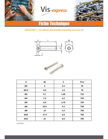 Vis métaux Tête Bombée TORX T8 M2.5X5 Filetage total Inox A2 microvis