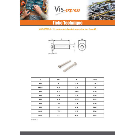 1 x Vis métaux Tête Bombée TORX T8 M2.5X5 Filetage total Inox A2 microvis