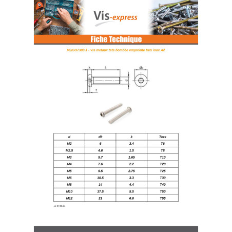 1 x Vis métaux Tête Bombée T55 M12X110 Filetage total Inox A2