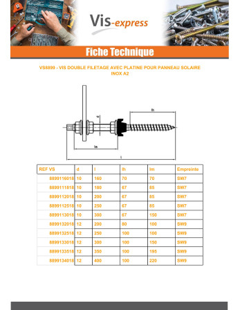 Vis double filetage panneau solaire Avec PLATINE 10X300 Inox A2