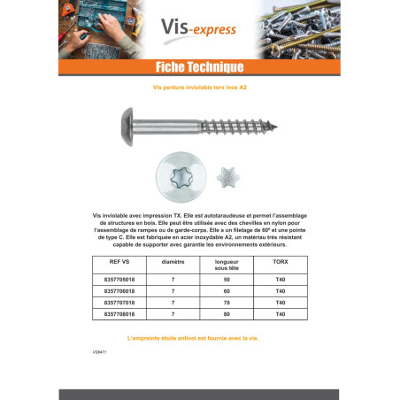1 x Vis Penture Inviolable 2 pièces TORX Inox A2 7X50 Inox A2