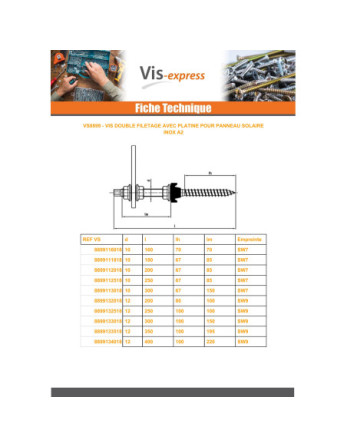 Vis double filetage panneau solaire Avec PLATINE 10X160 Inox A2