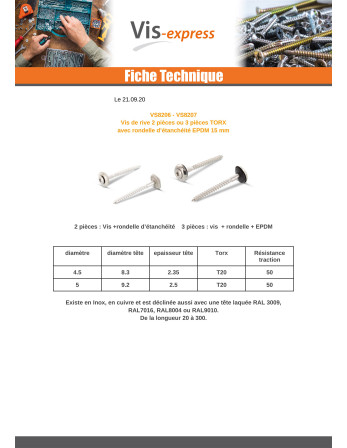 Vis faitage Tête fraisée bombée TFB TORX T20 Inox A2 RAL8014 brun sepia 4,5X35 Rondelle d'étanchéite EPDM