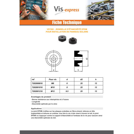 1 x Rondelle d'étanchéité EPDM PANNEAU SOLAIRE M12