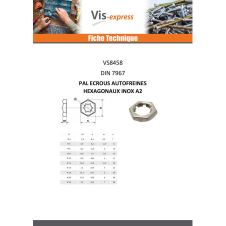 1 x Pal Ecrous autofreinés hexagonaux Inox A2 M10