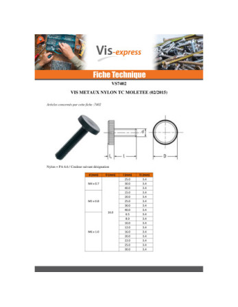 Vis métaux nylon noir Tête cylindrique TC Moletée M6X10