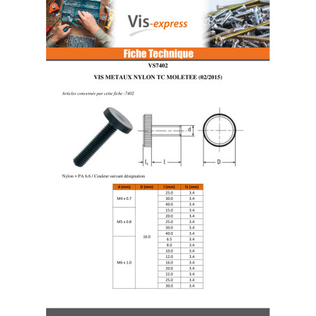 1 x Vis métaux nylon noir Tête cylindrique TC Moletée M6X10
