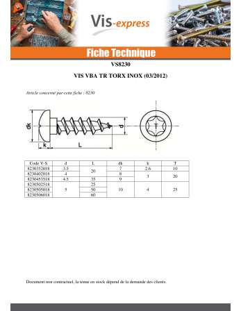 VBA Vis bois agglo Inox A2 Tête ronde TR 5X120 Filetage total TORX T25
