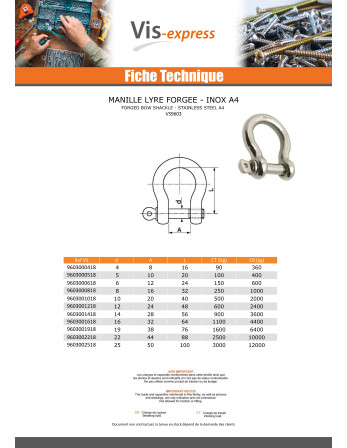 Manille LYRE Forgée Inox A4 Diamètre 6