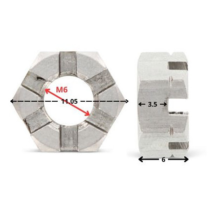 1 x Ecrou hexagonale à CRENEAUX BAS M6 Inox A2