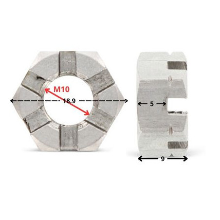 1 x Écrou hexagonale à CRENEAUX BAS M10 Inox A2