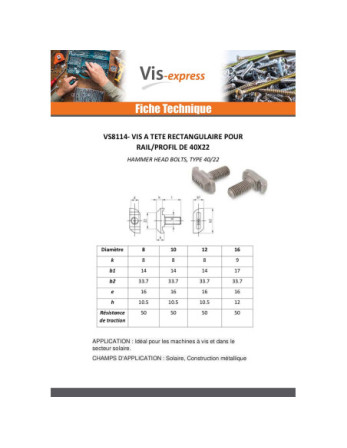 Vis métaux Tête rectangulaire 14X33.7X10.5 M10X80 T40/22 Inox A4