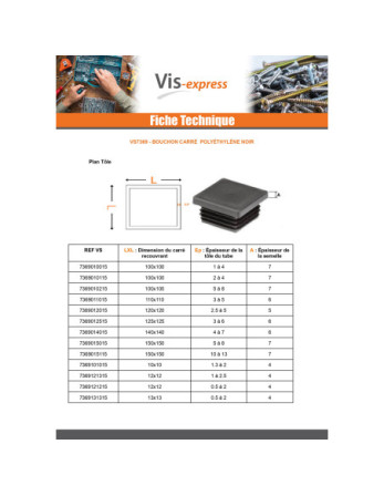 Bouchon carré 125X125 épaisseur tole du tube 3 à 6 Polyethylène noir