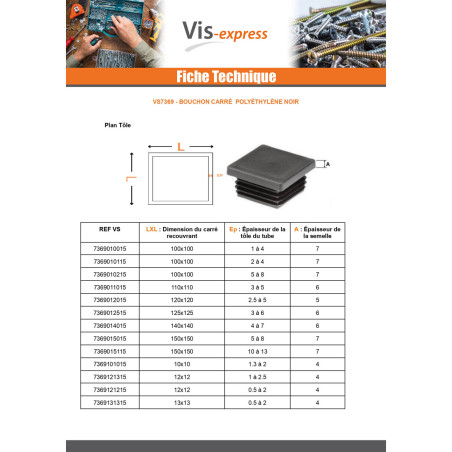 1 x Bouchon carré 28X28 épaisseur tole du tube 1 à 3 Polyethylène noir
