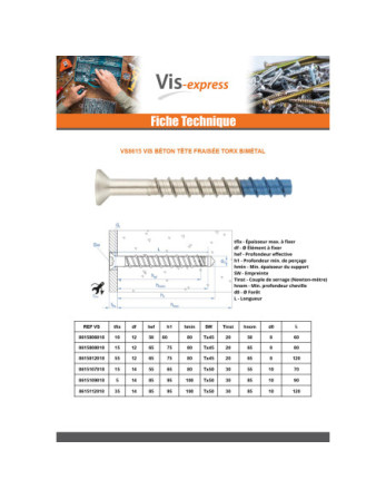 Vis béton Tête fraisée TORX T45 8X80 Bimétal