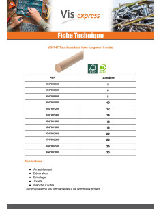 Tourillon bois lisse Diamètre 6 Longueur 1 mètre 2