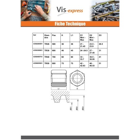 1 x Écrou hexagonale SKM Tête ronde TR 12X3 Trapézoidale Droite Acier brut