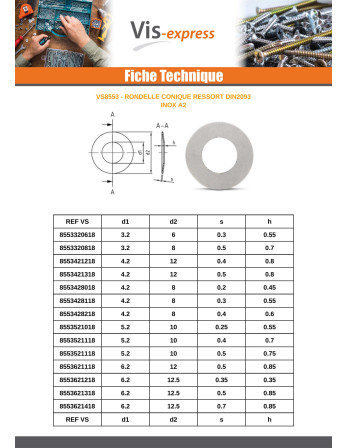 Rondelle Conique RESSORT Inox 8.2X16X0.4