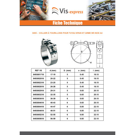 1 x Collier à tourillons pour tuyau épais et arme Inox W5 Diamètre 64 à 67
