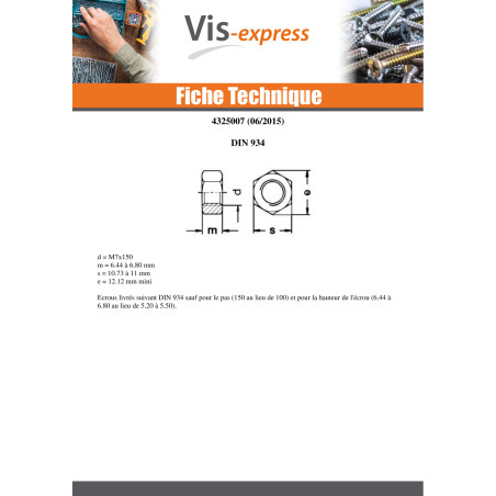 1 x Écrou hexagonale M7 S/PLAT 11 Pas de 150 Forte tenue à la corrosion Acier galvanisé à chaud Oversized