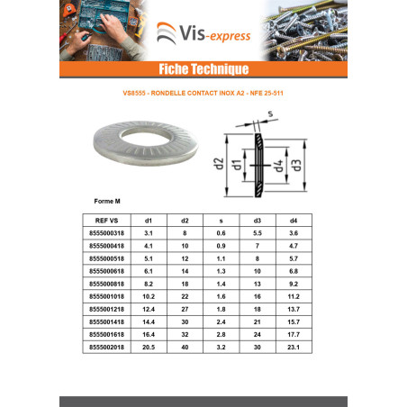 1 x Rondelles contact Inox A2 M8X18X1.4 M