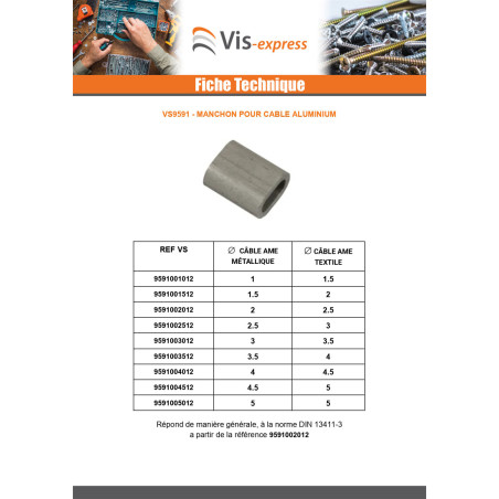 1 x Manchon à sertir Aluminium pour câble ame textile Diamètre 1.5 et ame métallique Diamètre 1