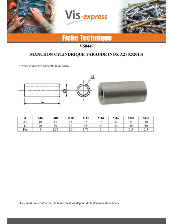 Manchon Cylindrique Taraudé M8 11X50 Inox A2