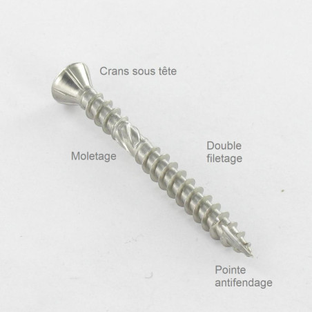 1 x Vis terrasse Double filet Tête fraisée TORX T25 5X60 Pointe antifendage type 17 Inox A4