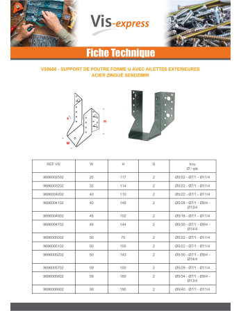 Sabot de charpente Forme U à Ailettes Extèrieur Sendzimir 60X160
